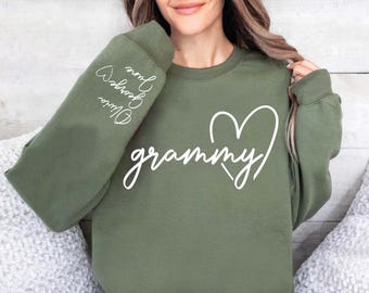 Personalized Grammy Sweatshirt, Custom Mothers Day Gift,Cute Granny Outfit With Grandkids Names On Sleeve,Grandma Birthday Gift,New Nana Tee