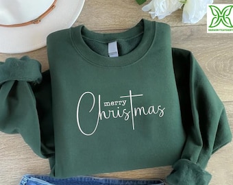 Merry Christmas Cross Embroidered Sweatshirt,Embroidery Christmas Cross Shirt,Religious Sweater, Holiday Sweater, Christian Family Xmas Gift