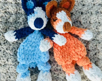Bingo and bluey crochet handmade snuggler lovey nursery baby shower gift