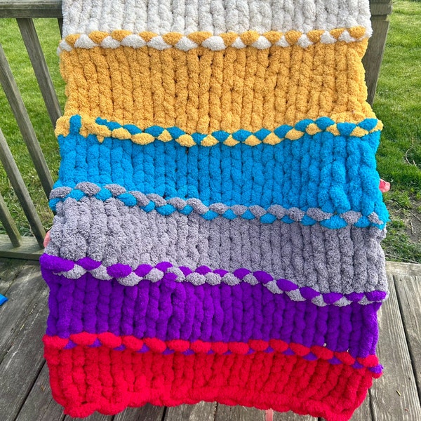 Multicolor chunky knit blanket, summer blanket, handmade, baby blanket, gift, chenille jumbo yarn