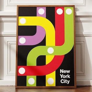 Téléchargement d'art numérique, Art mural de New York, Impression de plan de métro abstrait, Affiche colorée, Décoration de voyage moderne, Art typographique de New York