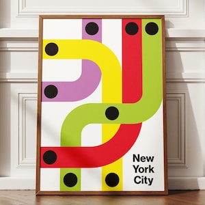 Affiche de New York, Plan de métro abstrait, Art mural coloré, Décoration de voyage moderne, Typographie de New York, Téléchargement instantané