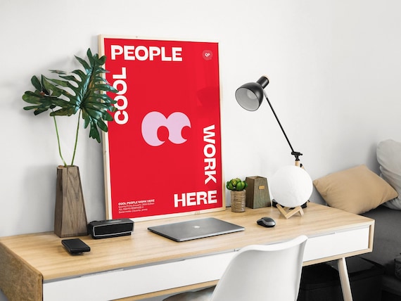 Typography Print, Cool People Work Here, Inspirational Wall Art, Red Home Decor, Large Format Poster, Digital Art Download