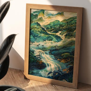 Hokusai Ukiyo-e Japanese Waterfall Wall Art, Landscape Poster Print, Japanese Home Decor, Living Room Wall Art, Printable Art, Framed Print