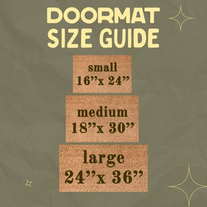 May include: A guide to doormat sizes with three different sizes: small (16" x 24"), medium (18" x 30"), and large (24" x 36").