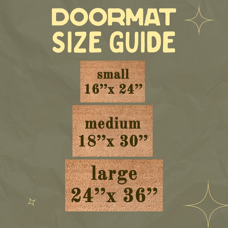 May include: A guide to doormat sizes with three different sizes: small (16" x 24"), medium (18" x 30"), and large (24" x 36").