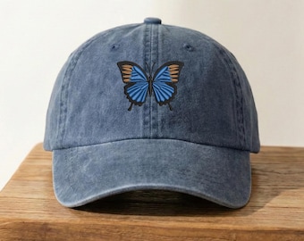 Embroidered Butterfly Baseball Cap, Blue Butterfly Hat, Garden Cap, Gardening Hat, Embroidery Mom Cap, Outdoors Travel Hat, Vintage Look Cap