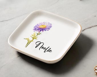 Custom Birth Flower Trinket Dish, Flower Ring Dish, Jewelry Dish, Bridesmaid Gift, Birthflower Gift, Jewelry Storage, Personalized Gift