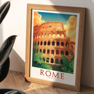 May include: A framed art print featuring a stylized illustration of the Colosseum in Rome. The artwork showcases the ancient amphitheater in shades of orange and brown, with green foliage in the foreground and the word "ROME" at the bottom.