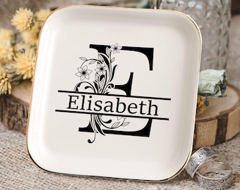 Custom Initial Ring Dish, Custom Jewelry Dish, Engagement Gift, Anniversary Gifts, Trinket Dish, Name Ring Dish, Floral Monogram Ring Dish