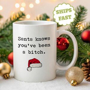 May include: White ceramic mug with the text "Santa knows you've been a bitch" and a Santa hat illustration. The mug is surrounded by Christmas decorations, including ornaments and pine needles.