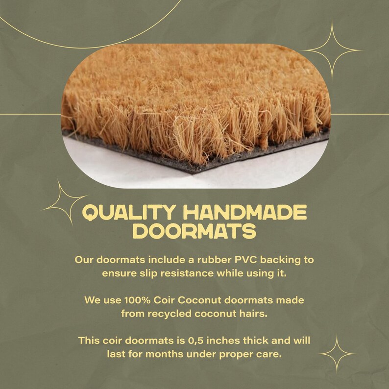 May include: A close-up of a brown coir doormat with a black rubber backing. The doormat is made from recycled coconut fibres and is 0.5 inches thick. The text "QUALITY HANDMADE DOORMATS" is displayed in yellow letters on a white background.