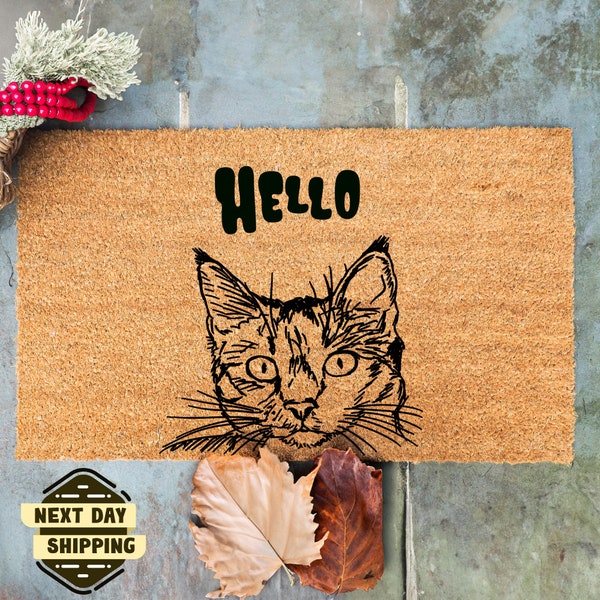 Tabby Cat Hello, Bengal Cat Peeking Doormat, Welcome Mat, Pet Lover Gift, Cat Mom, Cat Doormat, Housewarming Gift, New Home Owner Gift