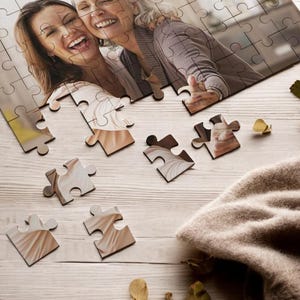 May include: A partially completed jigsaw puzzle on a wooden table with a brown sweater, a potted cactus, and a cup of coffee. The puzzle features a photo of two women smiling.