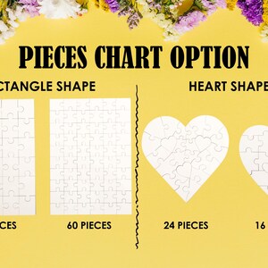 May include: A chart showing different sizes of blank jigsaw puzzles. The chart is divided into two sections: rectangle shape and heart shape. The rectangle shape section shows two puzzles, one with 30 pieces and the other with 60 pieces. The heart shape section shows two puzzles, one with 24 pieces and the other with 16 pieces.