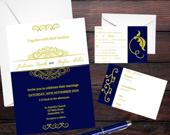 Formal Wedding Invitation Template, Digital Invitation Template, Minimal Desig, Download and Print, Invitation Bundle, Blue White and Gold