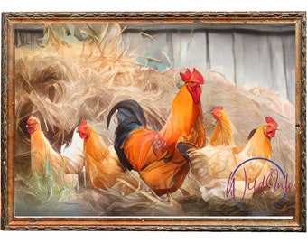 Chickens, Digital Wall Art, Downloads, Printable, Multiple Sizes for Multiple Uses, Painting Style, Animals, Farm, Nature, Home Decor