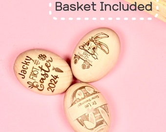 2x Wooden Easter Egg Customized-Laser Engraved Design, Personalized Spring Decor, Children Easter Egg Basket Stuffer