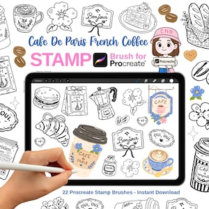 Può includere: Una collezione digitale di pennelli timbro Cafe De Paris French Coffee per Procreate con illustrazioni a tratto di tazze da caffè, croissant, macaron, fiori e testi in francese come Bonjour e Oui, Oui su uno schermo di tablet.