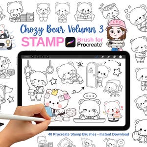 May include: A digital collection of Chozy Bear Volume 3 stamp brushes for Procreate, featuring numerous black and white line art illustrations of a bear character in various office and daily life poses, displayed on a tablet screen with a stylus.