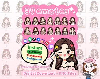 Pack de emoticonos de chica chibi kawaii / 39 PNG para Twitch, Discord y YouTube (descarga digital)