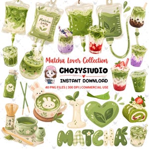 Puede incluir: Una colección digital de ilustraciones con temática de matcha que incluye bolsas de suero llenas de té verde, varios lattes de matcha helados en vasos, un pastel de rollo de matcha, un batidor y un tazón con arte de conejo, etiquetada como Matcha Lover Collection CHOZYSTUDIO.