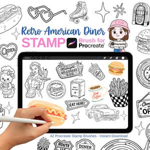 Può includere: Un tablet digitale che mostra una collezione di illustrazioni a linee bianche e nere a tema diner americano retrò, tra cui una cameriera, un'auto d'epoca, un jukebox, cibi e insegne con testo come Midnight Milkshake e Eat Here.