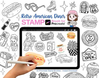 Retro American Diner Procreate Stempel, 42 Vintage Food Clipart Briefmarken, 50s Restaurant Elements, Digitale Scrapbook Pinsel