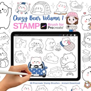 Può includere: Una collezione digitale di pennelli timbro Chozy Bear Volume 1 per Procreate, che presenta numerose illustrazioni al tratto di un orso bianco in varie attività come guidare un'auto, sedersi accanto a un falò e indossare una tuta spaziale.