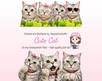 Paquete de imágenes prediseñadas de gatos kawaii, imágenes PNG de gatos, diseño de pegatinas (descarga digital)