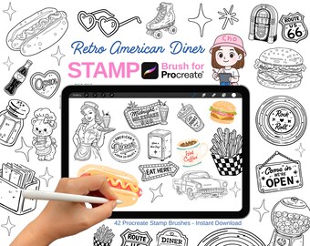Pinceles de sellos para Procreate con temática de restaurante americano retro, 42 sellos de imágenes prediseñadas de comida vintage, elementos de restaurantes de los años 50, pinceles para álbumes de recortes digitales.