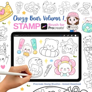 Può includere: Uno schermo di tablet digitale che mostra una collezione di pennelli timbro Chozy Bear Volume 1 per Procreate. Lo schermo presenta varie illustrazioni al tratto di orsi, inclusi orsi tra fiori, stelle e corone, insieme a una penna stilo.