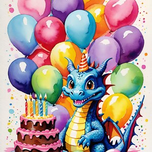 Fête d'anniversaire dragon aquarelle (4 images numériques) lot imprimable