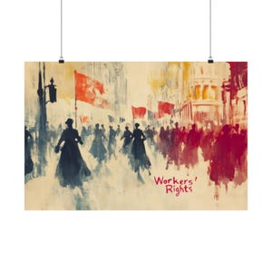 May include: A watercolour painting depicting a crowd of people marching in a city street. The people are silhouetted in black and are holding red flags. The text "Workers' Rights" is written in red at the bottom of the image.