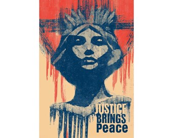 Justice Brings Peace-poster: Vrouwe Justitia-kunstprint voor thuis, op kantoor of in een slaapzaal