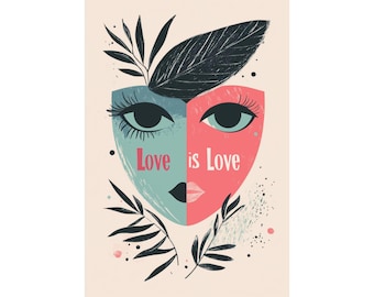 Love is Love Poster Wall Art Pride LGBTQ + Equality and Inclusivity Harlequin Mask for Home Office or Dorm Decor