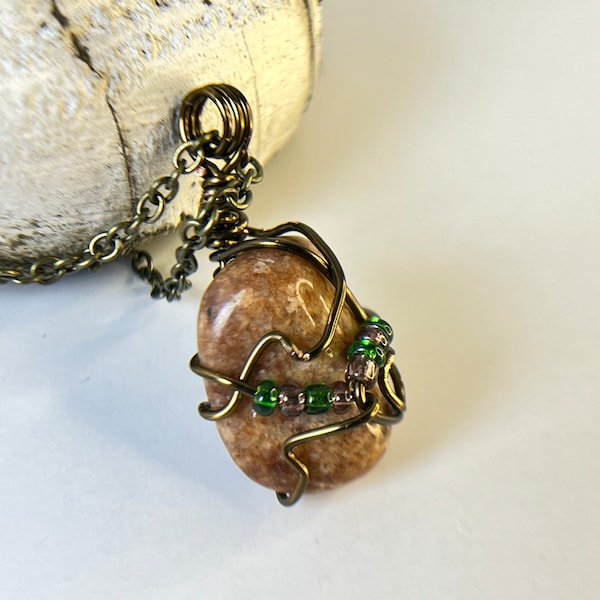 Sunstone Wire Wrapped Pendant Necklace with Bronze Features. Uncommon. Spirit Stone. Minnesota Made Jewelry for Meditation and Healing.