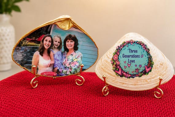 Mother Daughter Photo Seashell Keepsake – Custom Family Photo – New Baby Gift, Grandmother Gift, Generations Gift, Coastal Memory Art