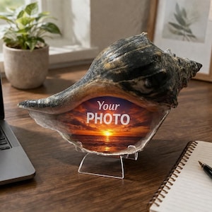 Personalized custom photo embedded into a whelk shell from Cape May beaches