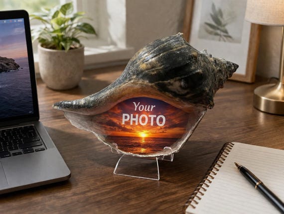 Personalized custom photo embedded into a whelk shell from Cape May beaches