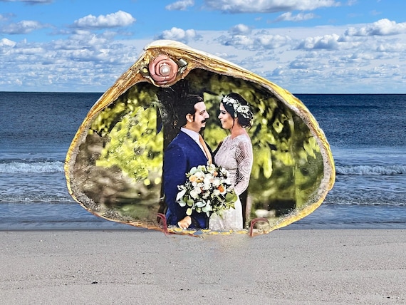 Wedding Photos that are transferred into a shell- a unique and personal gift for newlyweds or anniversary gifts from the shore to keepsake.