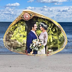 Regalo di conchiglia personalizzato, foto su conchiglia, ricordo di nozze, decorazioni a tema spiaggia, arte costiera fatta a mano, regalo di anniversario, regalo di San Valentino, lei