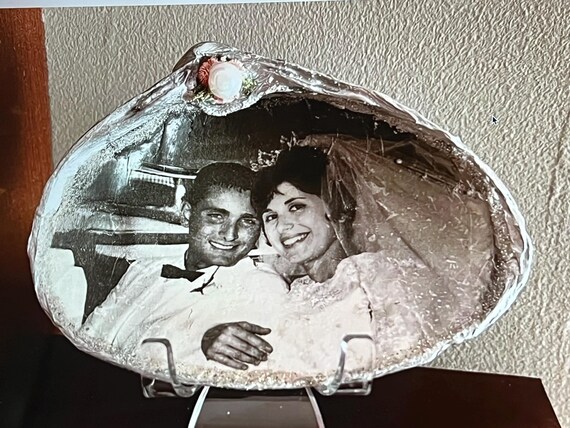 Wedding Photos that are transferred into a shell- a unique and personal gift for newlyweds or anniversary gifts from the shore to keepsake.