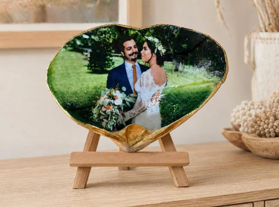 Wedding Photos that are transferred into a shell- a unique and personal gift for newlyweds or anniversary gifts from the shore to keepsake.