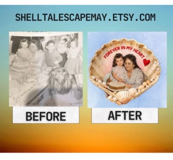 Handmade Vintage Photo Seashell – Enhanced & Preserved Family Memory, Coastal Home Décor, Personalized family heirloom, Unique Keepsake