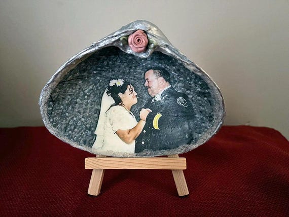 Wedding Photos that are transferred into a shell- a unique and personal gift for newlyweds or anniversary gifts from the shore to keepsake.