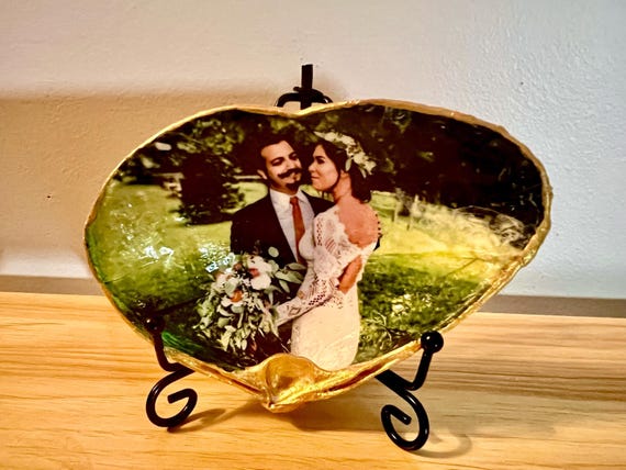 Wedding Photos that are transferred into a shell- a unique and personal gift for newlyweds or anniversary gifts from the shore to keepsake.