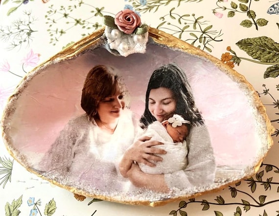 Mother Daughter Photo Seashell Keepsake – Custom Family Photo – New Baby Gift, Grandmother Gift, Generations Gift, Coastal Memory Art