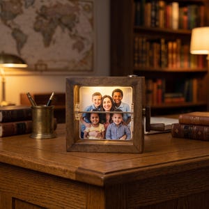 May include: A square wooden frame with a rotating center panel displaying a color photograph of a family of five. The frame features a dark brown wood finish, a metal rod through the center, and a small wooden crank handle on the right side.