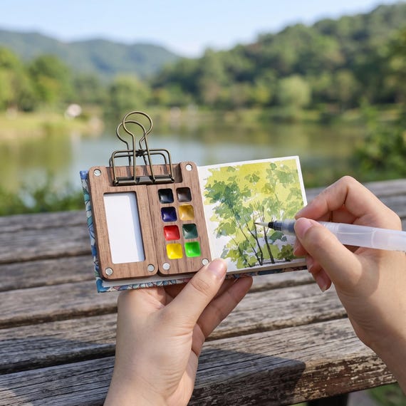 A handcrafted wooden micro pocket watercolor palette — genuinely ingenious for artists who want to paint anywhere without hauling a full kit.